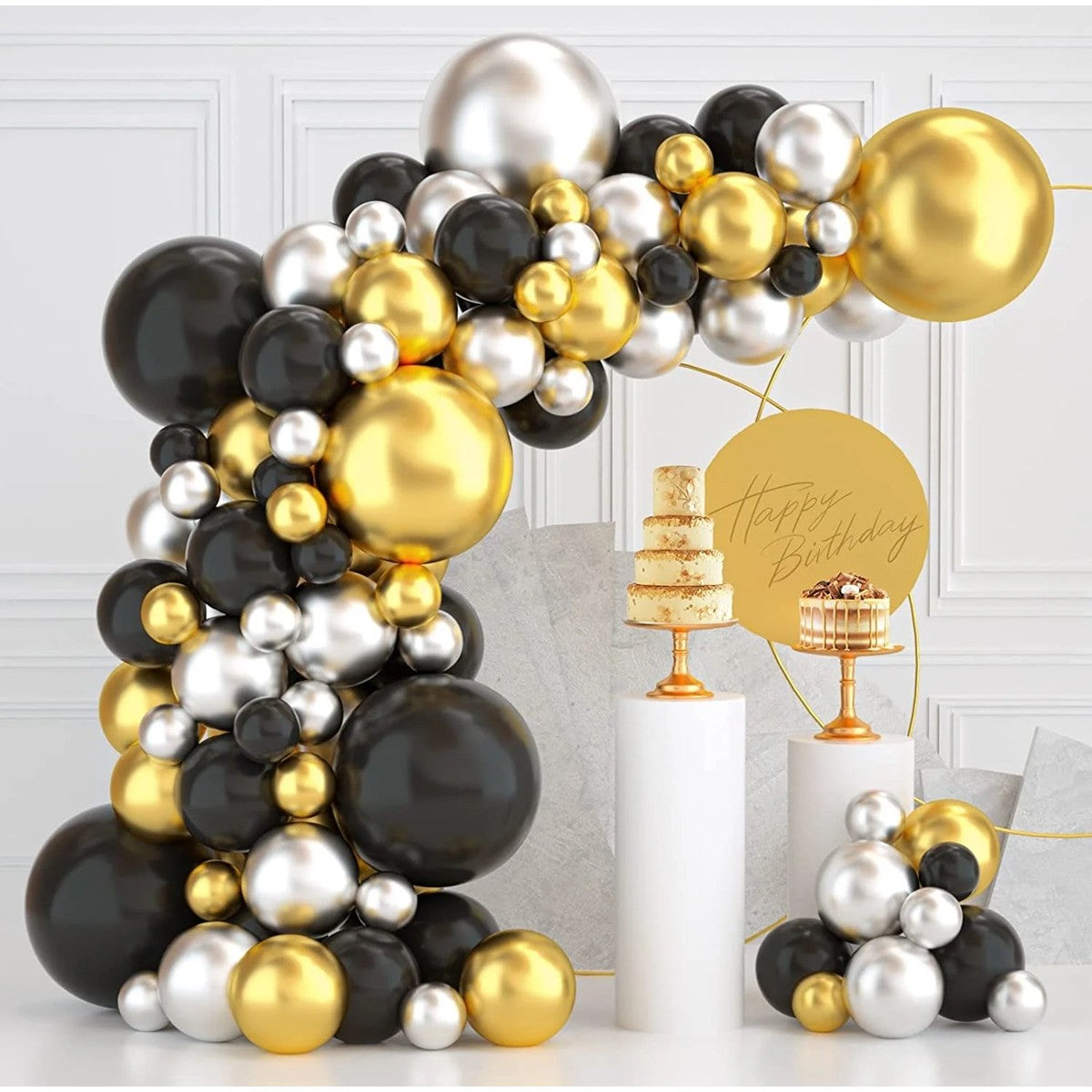 Set 163 Baloane din Latex, Klevo, Model Petrecere pentru Arcada, Baloane Party, 12 cm, 30 cm, 45 cm, Negru, Auriu, Alb