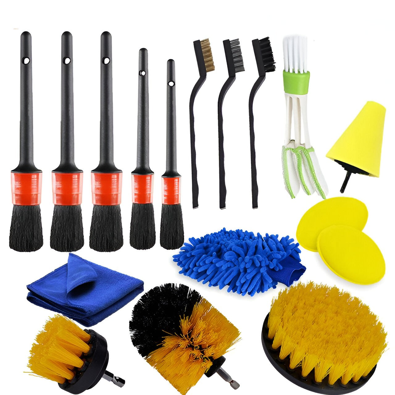 Set 17 Accesorii pentru Curatare Auto, Klevo, Interior si Exterior, 4 Capete pentru Bormasina, 5 Pensule, 3 Perii, 1 Laveta, 1 Manusa, 1 Perie