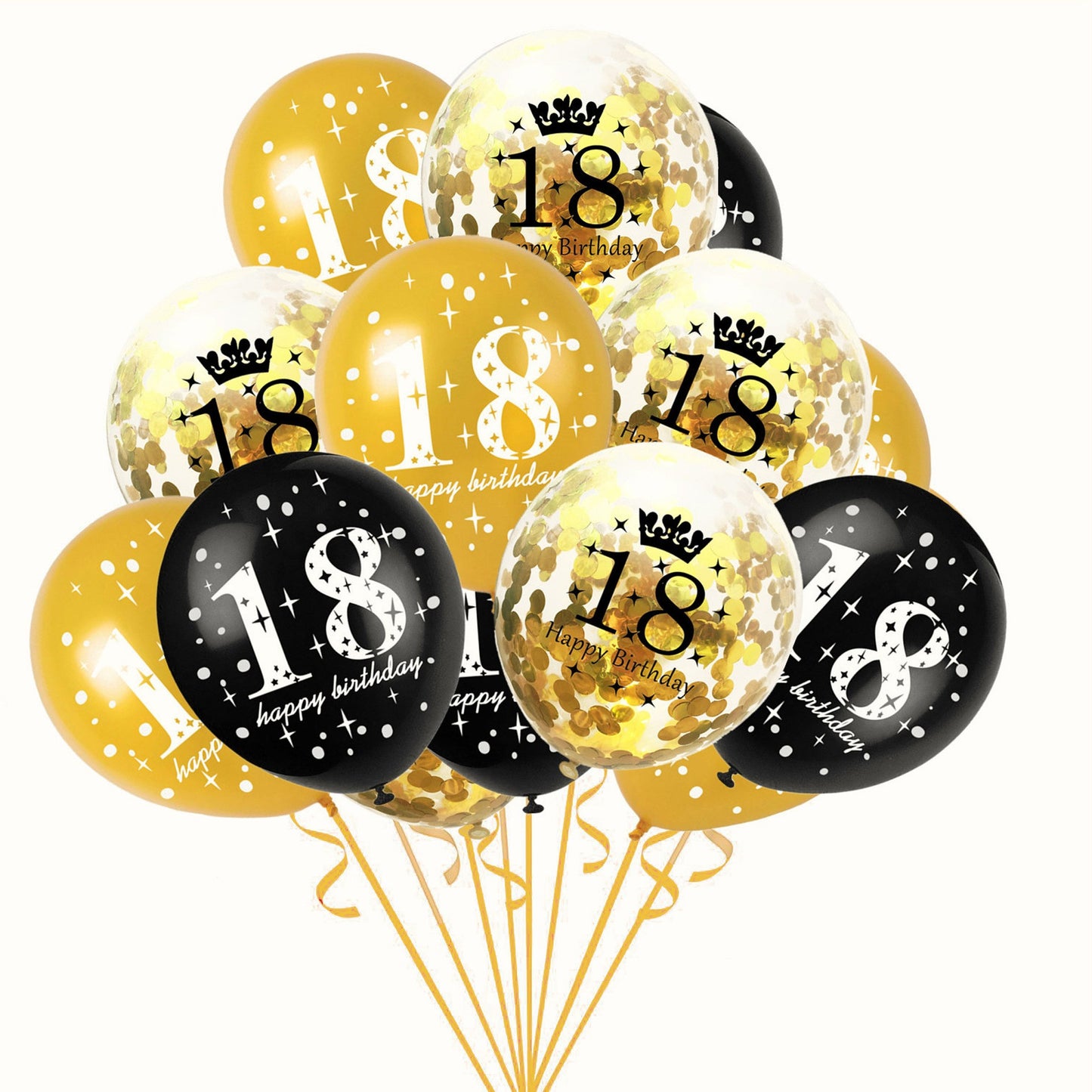 Set 18 Baloane Majorat, Klevo, din Latex, Metalizate, Mesaj 18 Happy Birthday, 30 cm, cu Confetti, Auriu/Negru