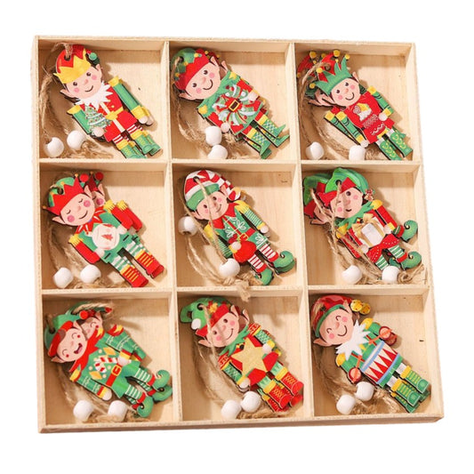 Set 18 Decoratiuni de Craciun din Lemn, Klevo, cu Snur pentru Agatare in Brad, Model Elfi, Diferite Dimensiuni, Multicolor