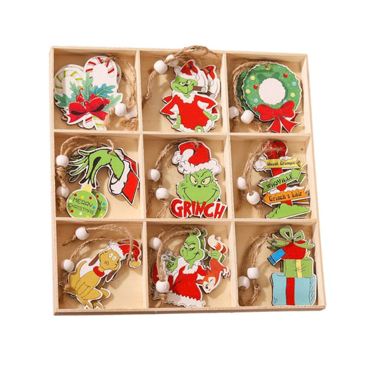 Set 18 Decoratiuni de Craciun din Lemn, Klevo, cu Snur pentru Agatare in Brad, Model Grinch, Diferite Dimensiuni, Multicolor