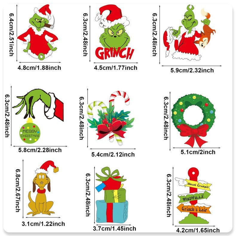 Set 18 Decoratiuni de Craciun din Lemn, Klevo, cu Snur pentru Agatare in Brad, Model Grinch, Diferite Dimensiuni, Multicolor