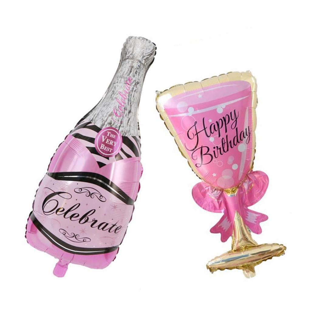 Set 2 Baloane din Folie Metalizata, Klevo, tematica Aniversare HAPPY BIRTHDAY, Figurine Model Sticla de Sampanie 50 x 108 cm si Pahar 48 x 93 cm, Roz