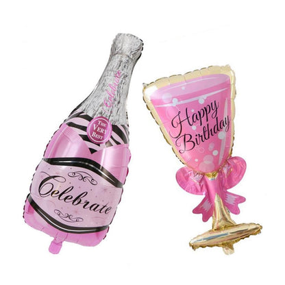 Set 2 Baloane din Folie Metalizata, Klevo, tematica Aniversare HAPPY BIRTHDAY, Figurine Model Sticla de Sampanie 50 x 108 cm si Pahar 48 x 93 cm, Roz