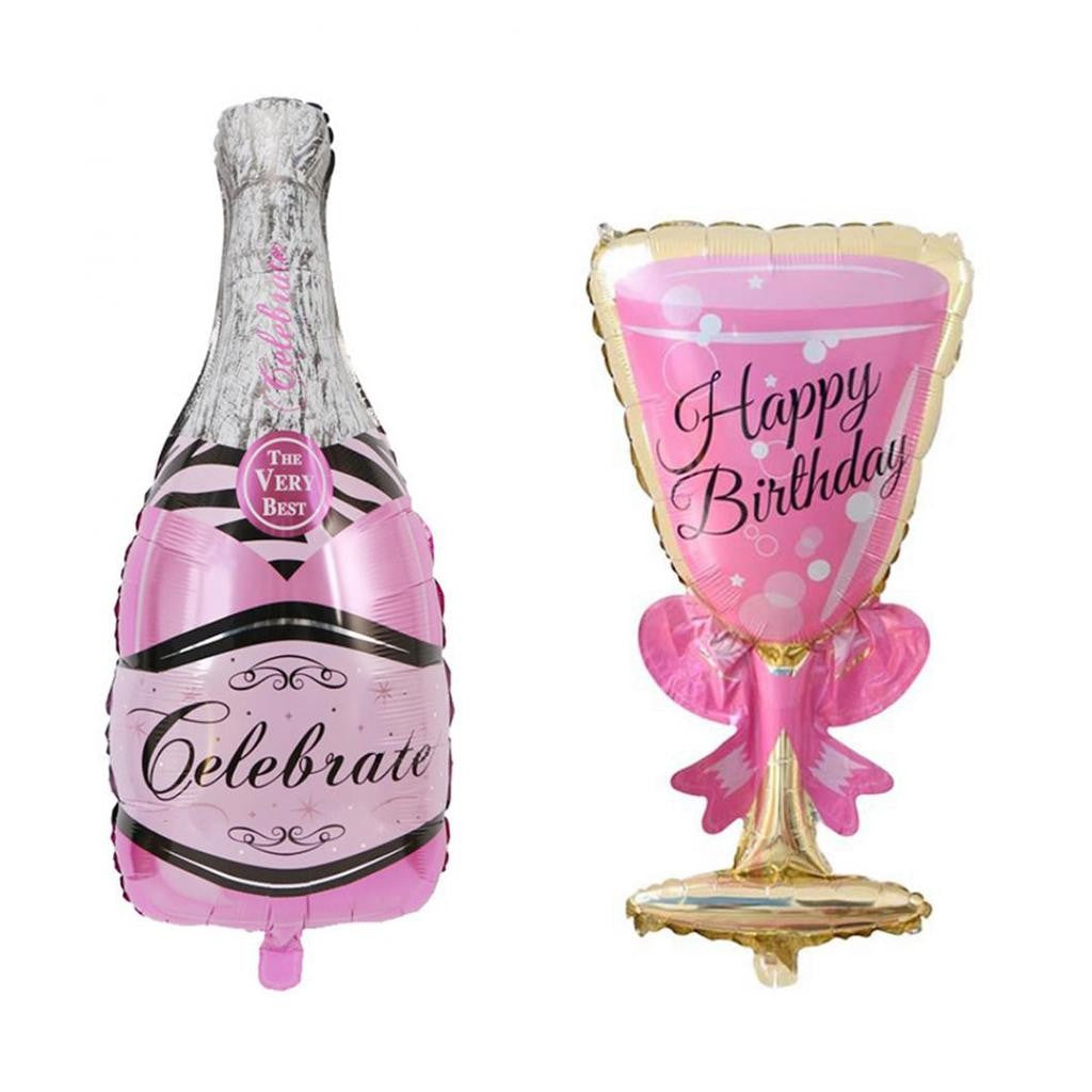 Set 2 Baloane din Folie Metalizata, Klevo, tematica Aniversare HAPPY BIRTHDAY, Figurine Model Sticla de Sampanie 50 x 108 cm si Pahar 48 x 93 cm, Roz