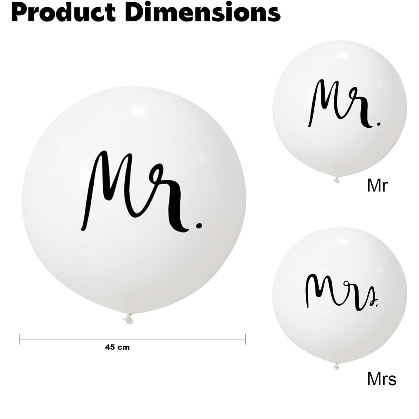 Set 2 Baloane din Latex, Klevo, Tip Jumbo, Model Mr si Mrs, Tema Nunta, 45 cm, Alb