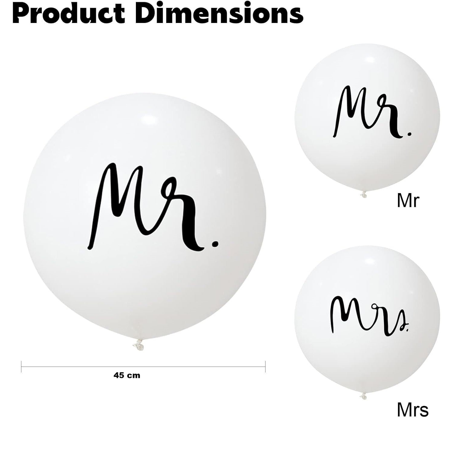 Set 2 Baloane din Latex, Klevo, Tip Jumbo, Model Mr si Mrs, Tema Nunta, 45 cm, Alb