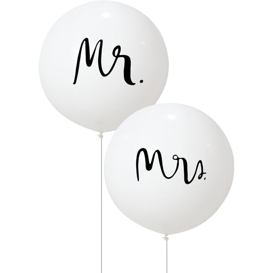 Set 2 Baloane din Latex, Klevo, Tip Jumbo, Model Mr si Mrs, Tema Nunta, 45 cm, Alb