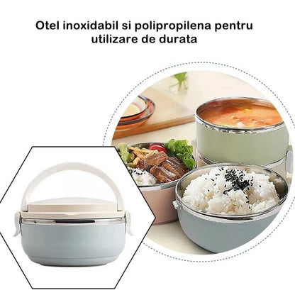 Set 2 Caserole pentru alimente Klevo, lunch box, 1400 ml, otel inoxidabil, maner, valva aerisire, 15.5 x 15 cm, inchidere etansa, multicolor