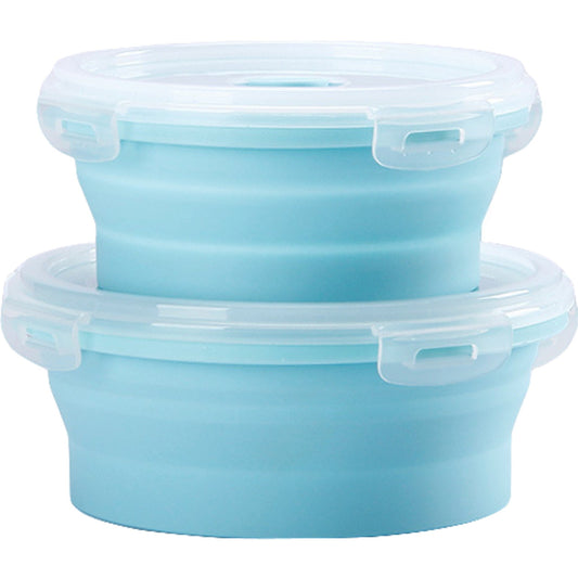 Set 2 caserole rotunde pliabile Klevo, din silicon, rezistenta la temperaturi ridicate, usor de depozitat si curatat, 500 si 800 ml, utilizare in cuptorul cu microunde, albastra