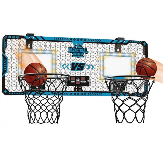 Set 2 Cosuri de Baschet pentru Copii, Klevo, cu Tablou de Bord Electronic, Pentru 2 Jucatori, Minge, Pompa, 2 Moduri, Interior/Exterior, Inel Metalic si Rabatabil cu Arc, Luminos, 60x31x6 cm, Multicolor