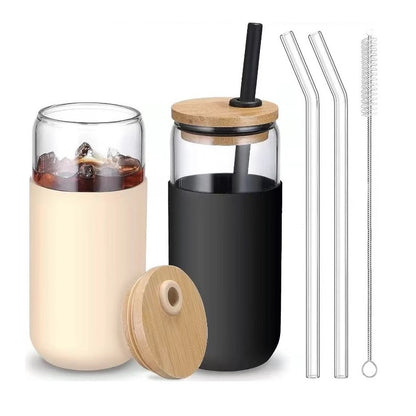 Set 2 Pahare din Sticla Termoizolante Transparente, Klevo, Capace si Paie Incluse, 500 mL, Silicon Negru si Crem