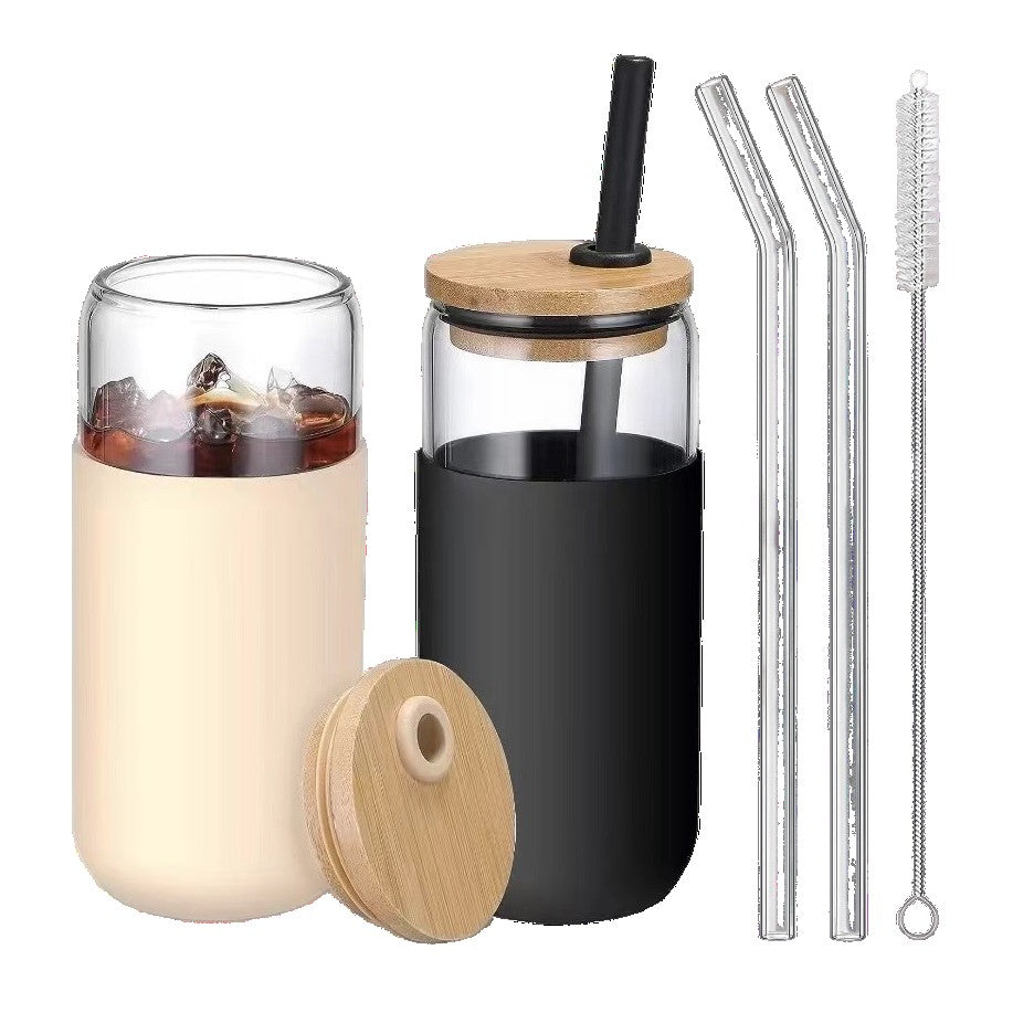 Set 2 Pahare din Sticla Termoizolante Transparente, Klevo, Capace si Paie Incluse, 500 mL, Silicon Negru si Crem