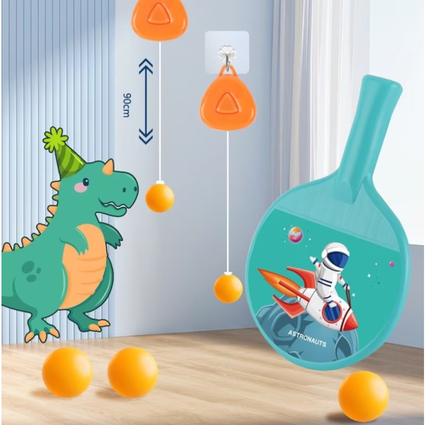 Set 2 Palete de Tenis de Masa, Klevo, pentru Copii, Design Animat, Tematica Astronauti, Accesoriu de Agatat Inclus si 4 Mingi, Albastru