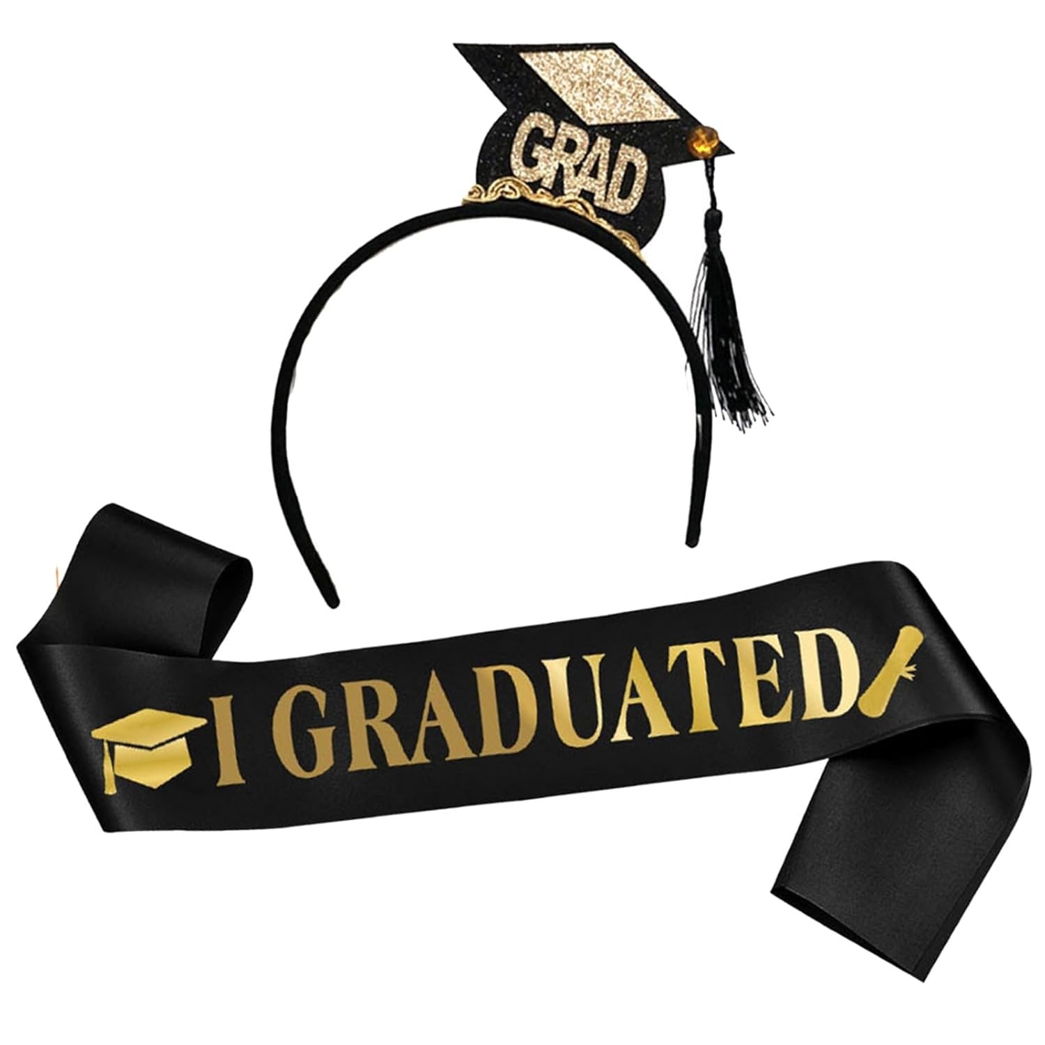 Set din 2 Piese pentru Absolvire, Klevo, Panglica si Coronita, Model I Graduated, Negru
