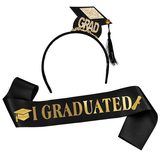 Set din 2 Piese pentru Absolvire, Klevo, Panglica si Coronita, Model I Graduated, Negru
