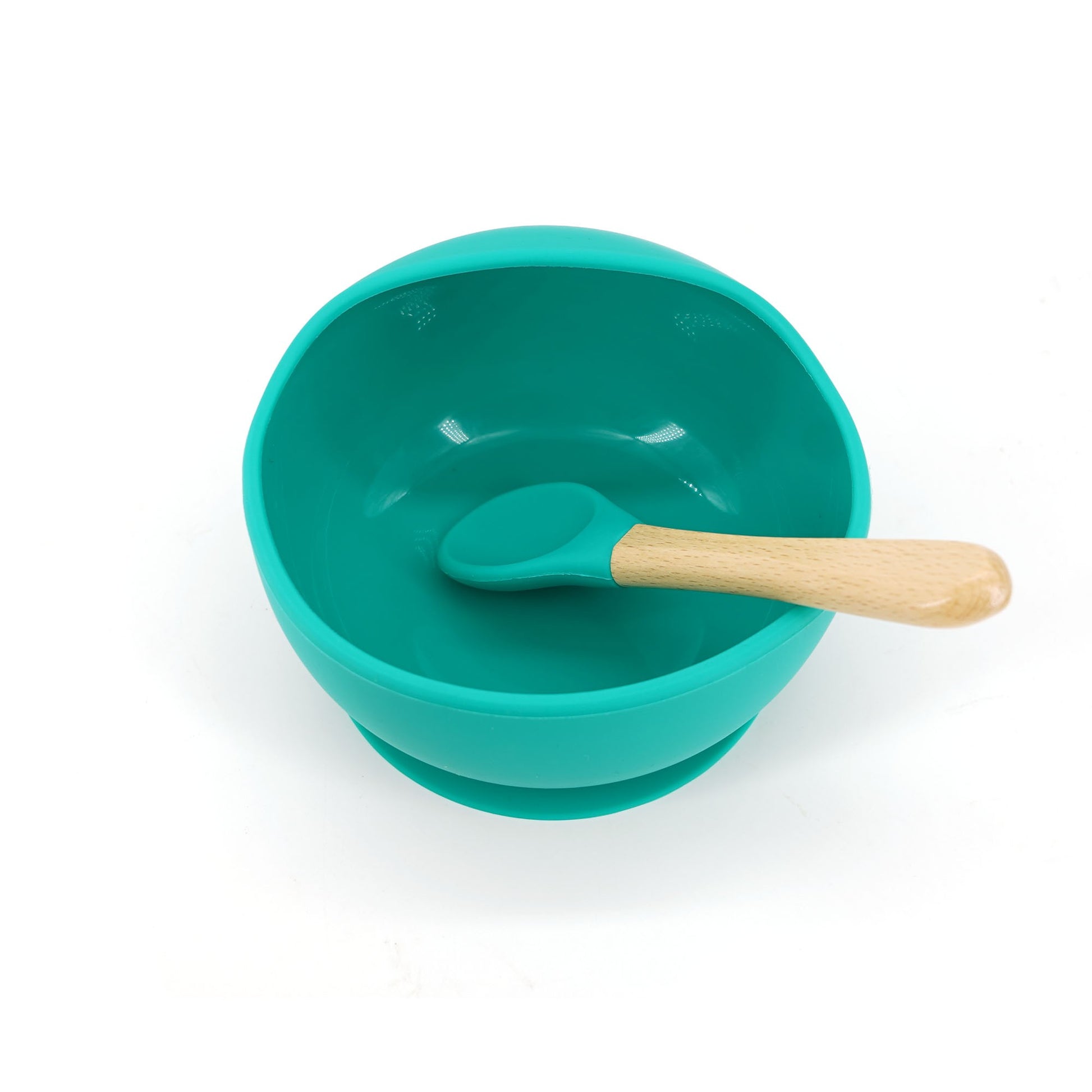 Set 2 piese diversificare bebelusi si copii din silicon Klevo, bol cu ventuza, lingurita din lemn si silicon, pentru gustari, fara alergeni, verde