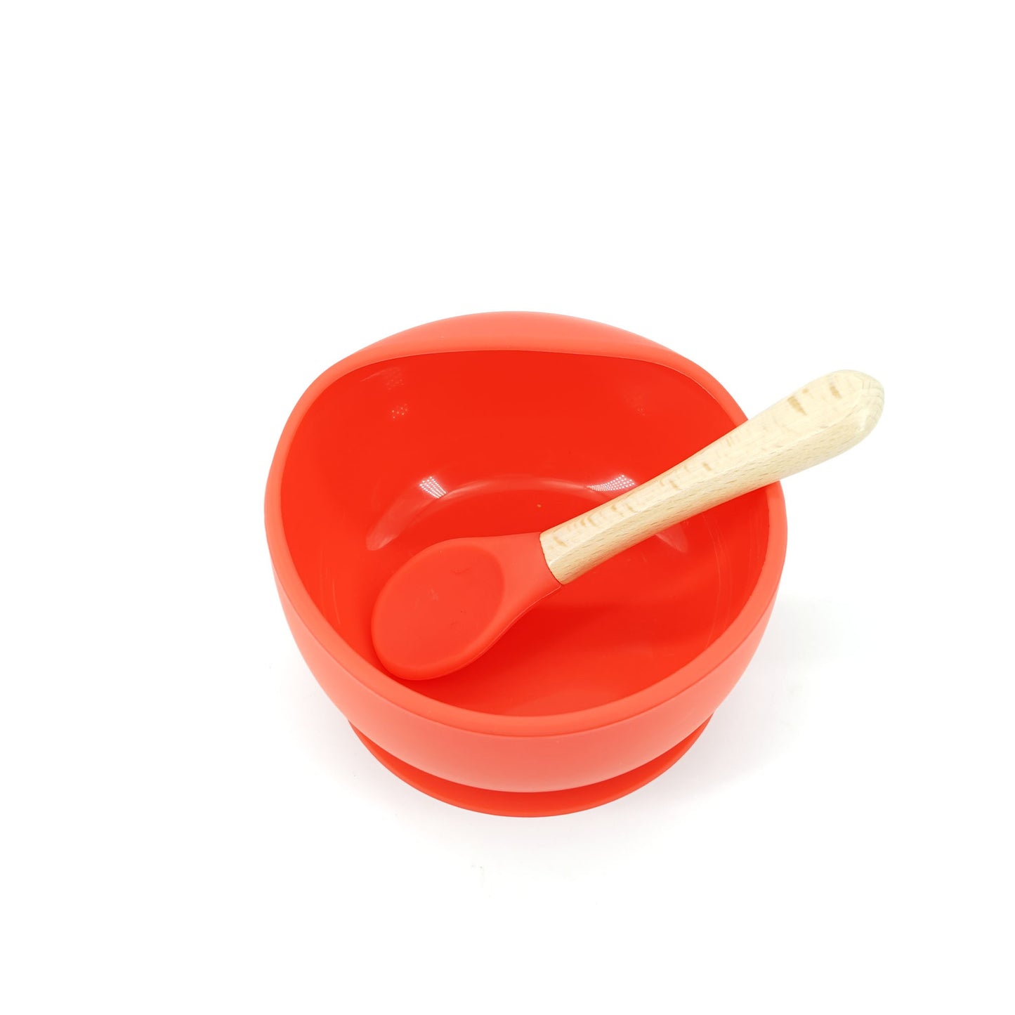 Set 2 piese diversificare bebelusi si copii din silicon Klevo, bol cu ventuza, lingurita din lemn si silicon, pentru gustari, fara alergeni, rosu