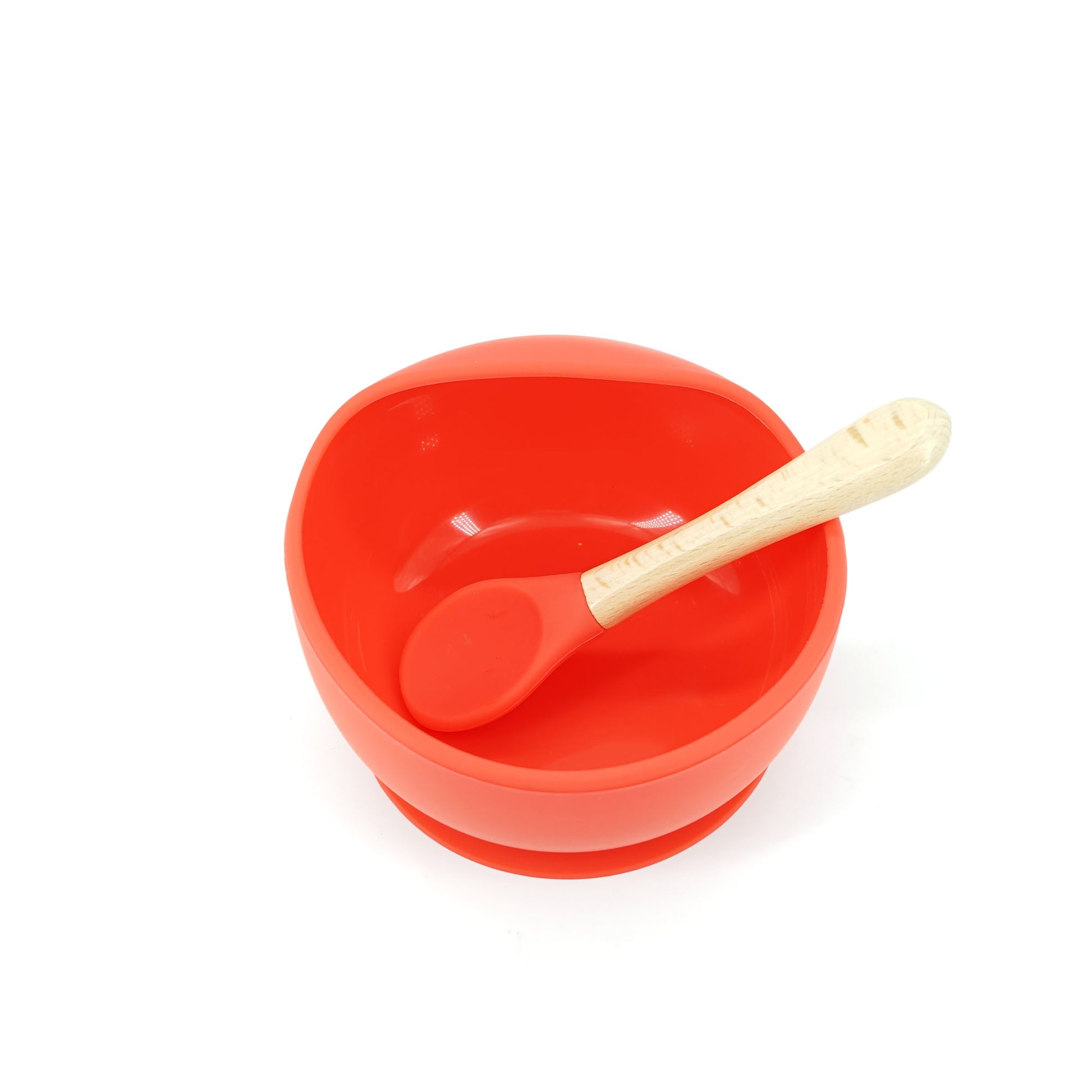 Set 2 piese diversificare bebelusi si copii din silicon Klevo, bol cu ventuza, lingurita din lemn si silicon, pentru gustari, fara alergeni, rosu