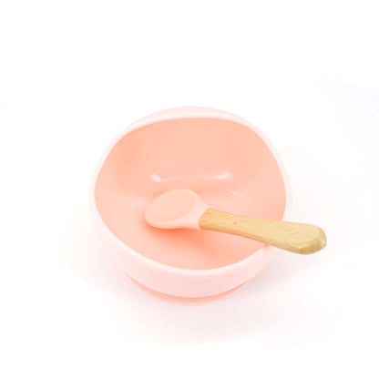 Set 2 piese diversificare bebelusi si copii din silicon Klevo, bol cu ventuza, lingurita din lemn si silicon, pentru gustari, fara alergeni, roz