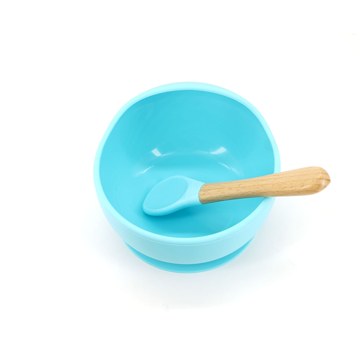 Set 2 piese diversificare bebelusi si copii din silicon Klevo, bol cu ventuza, lingurita din lemn si silicon, pentru gustari, fara alergeni, albastru