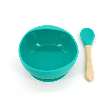 Set 2 piese diversificare bebelusi si copii din silicon Klevo, bol cu ventuza, lingurita din lemn si silicon, pentru gustari, fara alergeni, verde
