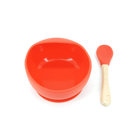 Set 2 piese diversificare bebelusi si copii din silicon Klevo, bol cu ventuza, lingurita din lemn si silicon, pentru gustari, fara alergeni, rosu