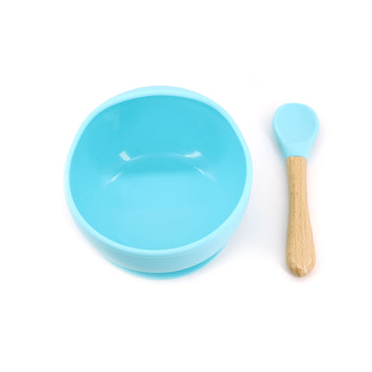 Set 2 piese diversificare bebelusi si copii din silicon Klevo, bol cu ventuza, lingurita din lemn si silicon, pentru gustari, fara alergeni, albastru