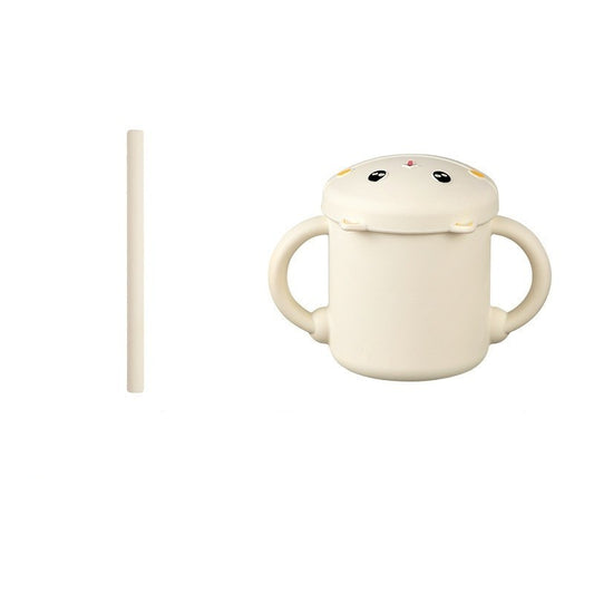 Set 2 Piese Hranire Bebelusi si Copii, Klevo, Cana cu Capac si Pai, din Silicon, fara BPA, de la 12 Luni, Model Pisicuta, 12 x 9.5 x 11 cm, Bej