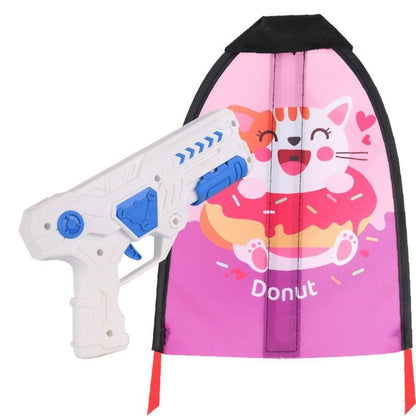 Set 2 Piese Jucarie Interactiva, Klevo, Pistol de Catapultare + Zmeu, din Plastic si Panza, +8 Ani, Impermeabil, Model Pisicuta cu Gogoasa, Multicolor