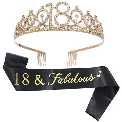Set 2 Piese pentru Majorat, Klevo, 15 x 13 x 5 cm, Coronita Printesa Gold si Panglica 18&amp;Fabulous, Negru