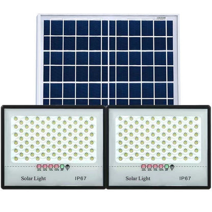 Set 2 proiectoare LED cu Panou Solar Klevo, Senzor de miscare, Telecomanda, Waterproof, 200 LED-uri incorporate, 65W, 24x18 cm, IP67, Design Modern, Negru