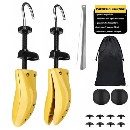 Set 2 Sanuri/Calapoade Reglabilile, Klevo, pentru Alungit si Largit Pantofi, Geanta si Incaltator Incluse, Universale, Unisex, din ABS Premium, Arc, Marime 40 - 47, Galben/Negru