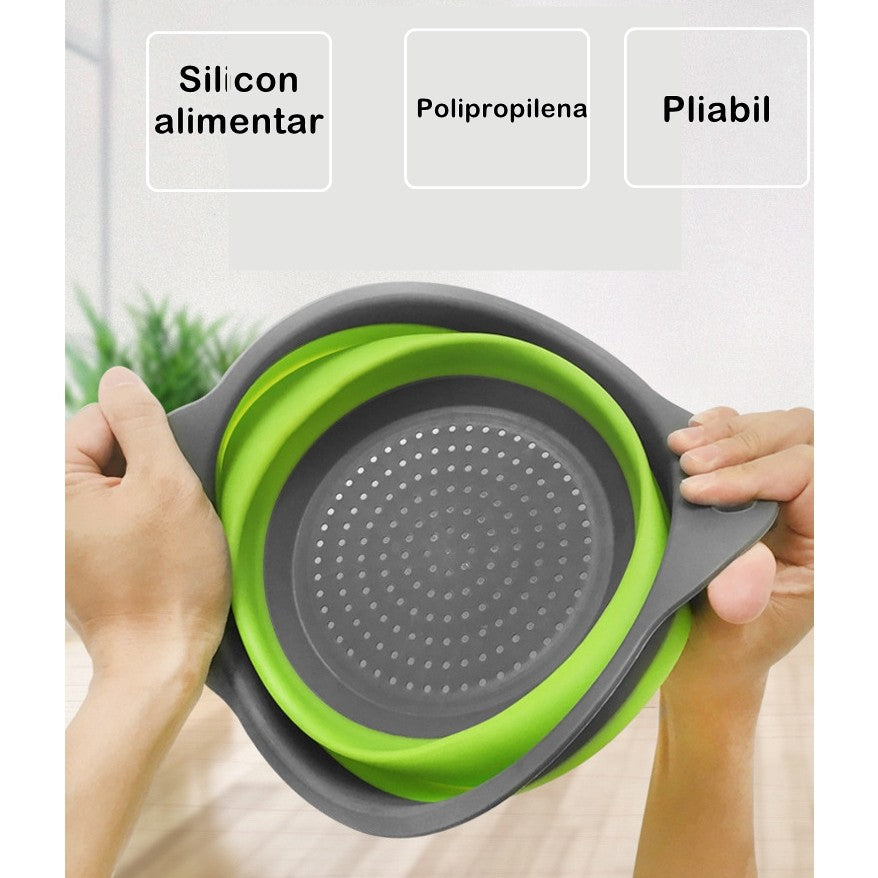 Set 2 strecuratori pliabile din silicon alimentar Klevo, cu manere, fund antiaderent si antialunecare, rotunda, doua dimensiuni, usor de depozitat, compatibil cu masina de spalat vase, verde