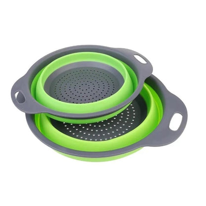 Set 2 strecuratori pliabile din silicon alimentar Klevo, cu manere, fund antiaderent si antialunecare, rotunda, doua dimensiuni, usor de depozitat, compatibil cu masina de spalat vase, verde