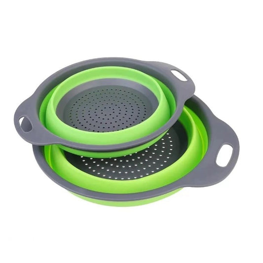 Set 2 strecuratori pliabile din silicon alimentar Klevo, cu manere, fund antiaderent si antialunecare, rotunda, doua dimensiuni, usor de depozitat, compatibil cu masina de spalat vase, verde