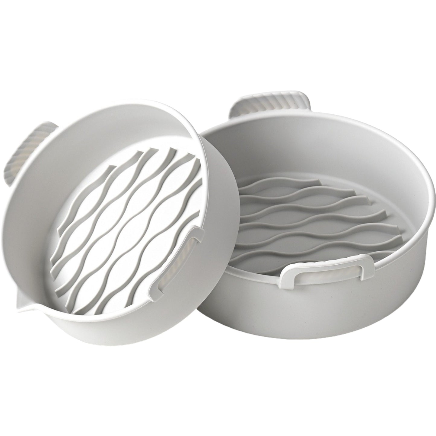 Set 2 tavi din silicon ecologic pentru air fryer Klevo, temperatura maxima 230 grade, reutilizabile, reciclabile, cu manere anti-alunecare, fund antiaderent, 18.7 x 19.5 x 7 cm, gri