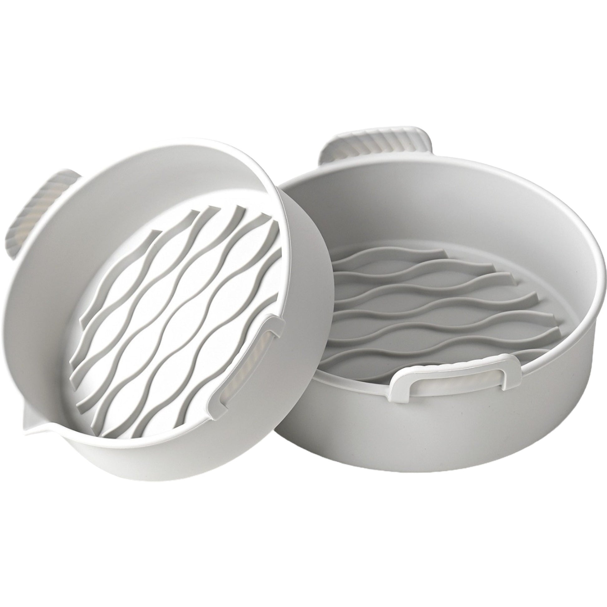 Set 2 tavi din silicon ecologic pentru air fryer Klevo, temperatura maxima 230 grade, reutilizabile, reciclabile, cu manere anti-alunecare, fund antiaderent, 18.7 x 19.5 x 7 cm, gri