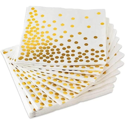 Set 20 de Servetele de Masa, Klevo, Imprimeu cu Buline Aurii, din Hartie, 17 x 17 cm, Alb