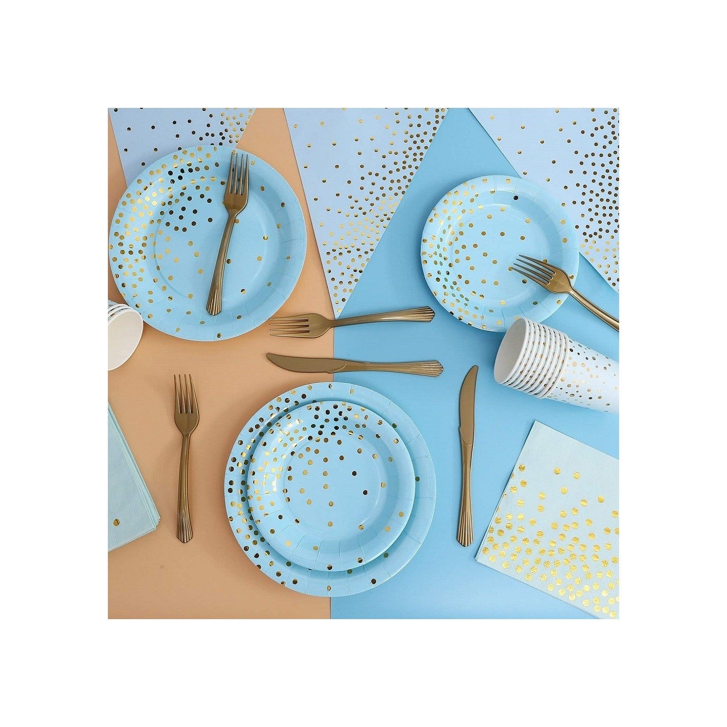 Set 20 de Servetele de Masa, Klevo, Imprimeu cu Buline Aurii, din Hartie, 17 x 17 cm, Albastru