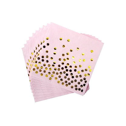Set 20 de Servetele de Masa, Klevo, Imprimeu cu Buline Aurii, din Hartie, 17 x 17 cm, Roz