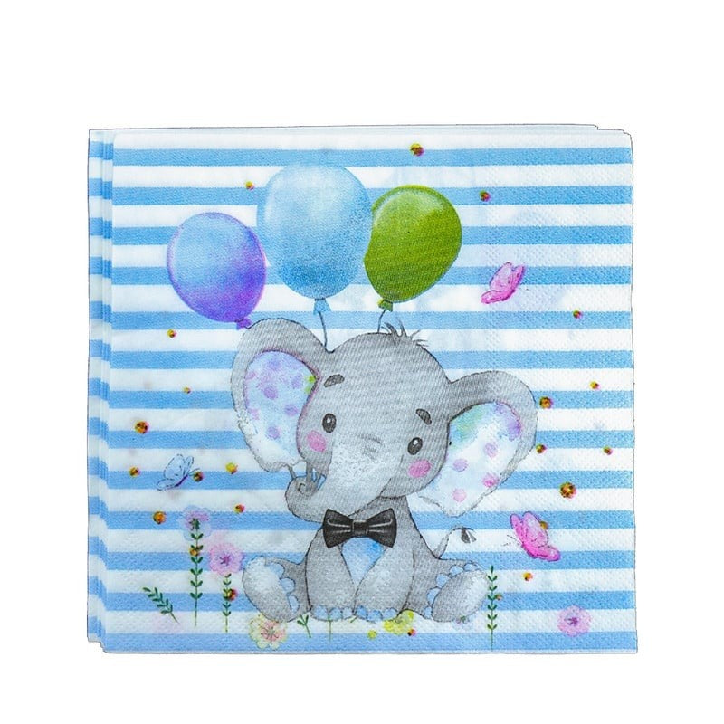 Set 20 de Servetele de Masa, Klevo, Imprimeu Elefant, din Hartie, 16.5 x 16.5 cm, Albastru