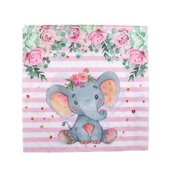 Set 20 de Servetele de Masa, Klevo, Imprimeu Elefant, din Hartie, 16.5 x 16.5 cm, Roz