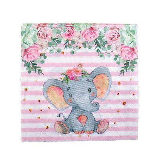 Set 20 de Servetele de Masa, Klevo, Imprimeu Elefant, din Hartie, 16.5 x 16.5 cm, Roz