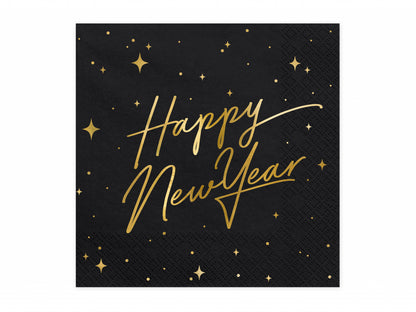 Set 20 servetele Happy New Year, negre, 33x33cm