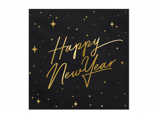 Set 20 servetele Happy New Year, negre, 33x33cm