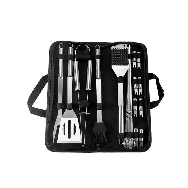 Set 20 Ustensile pentru Gratar, Klevo, din Otel Inoxidabil, Geanta Oxford, Argintiu