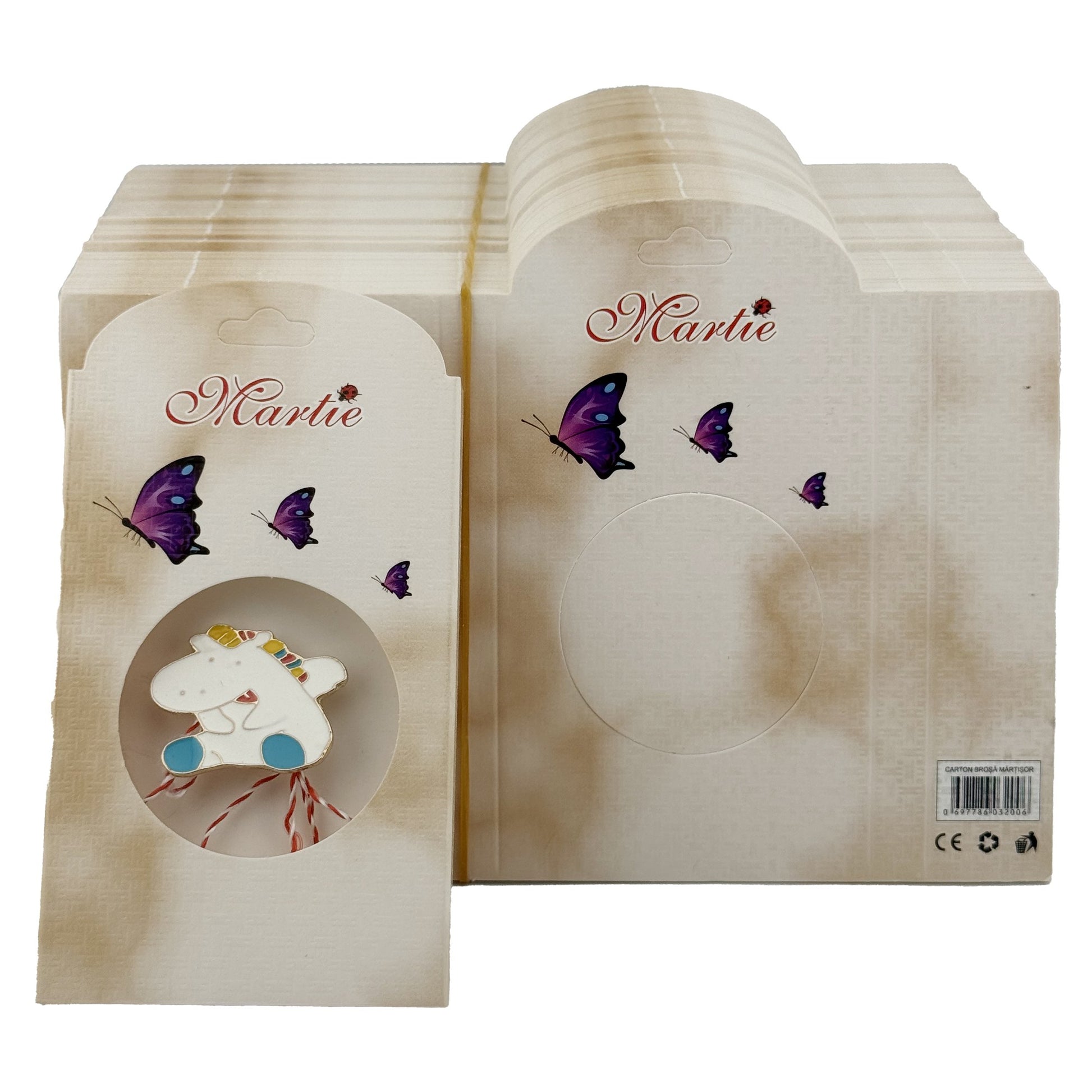 Ambalaje de Carton pentru Martisoare, Klevo, Set 200 Bucati, Cutii Brosa, Model Fluturi Mov, Alb/Crem