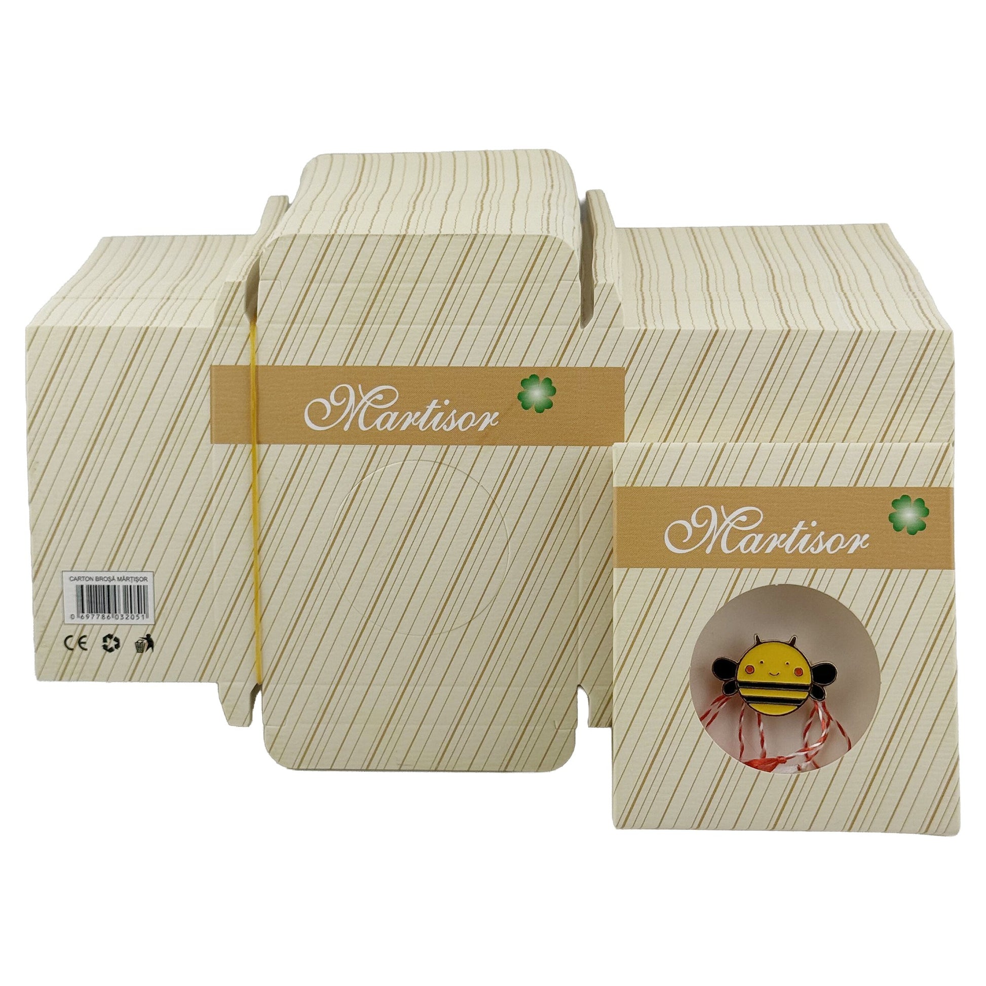 Ambalaje de Carton pentru Martisoare, Klevo, Set 200 Bucati, Cutii pentru Brosa Martisor, Model Crem cu Dungi , 8 x 7 cm, Crem