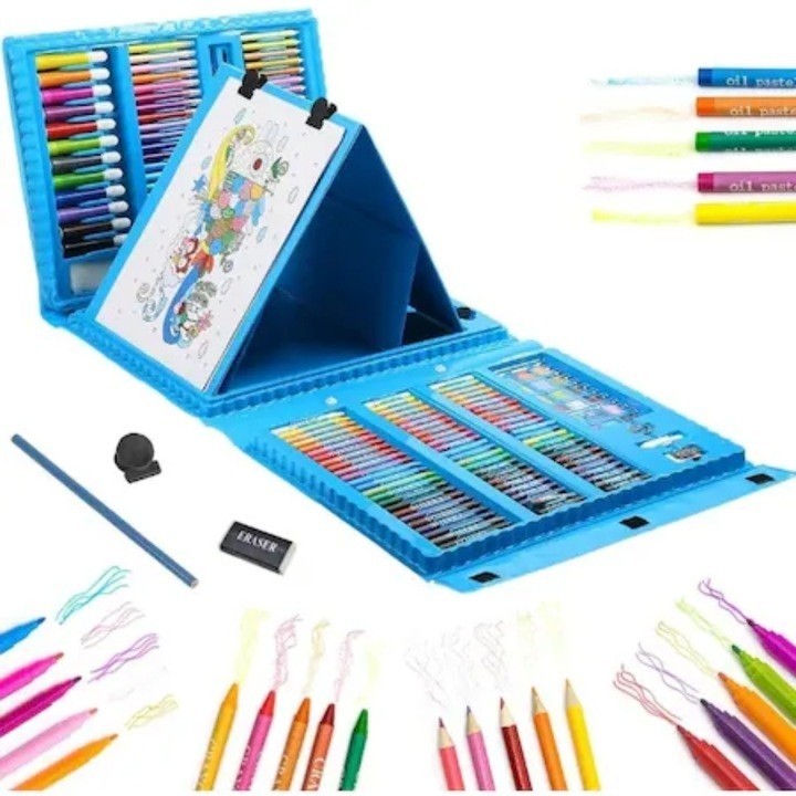 Set 208 Piese, Complet pentru Pictura si Desen, Klevo, Tip Servieta, 3-12 Ani, 32 x 27 x 5 cm, Albastru